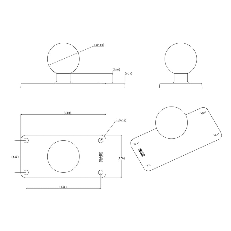 Load image into Gallery viewer, RAM-202U-24 - RAM Mounts 1.5†Ball Base with 1.5" x 3.5" 4-Hole Pattern (Helix 7)