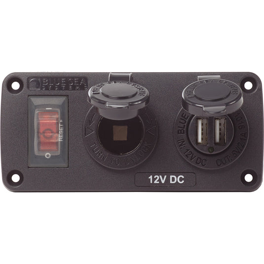 4363 Water Resistant Accessory Panel - 15A Circuit Breaker, 12V Socket, 2.1A Dual USB Charger