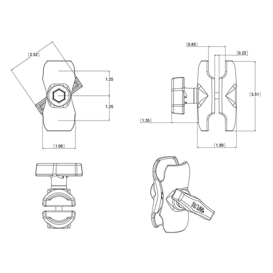 RAM-201U-B - RAM Mounts Short Double Socket Arm for 1.5" Ball