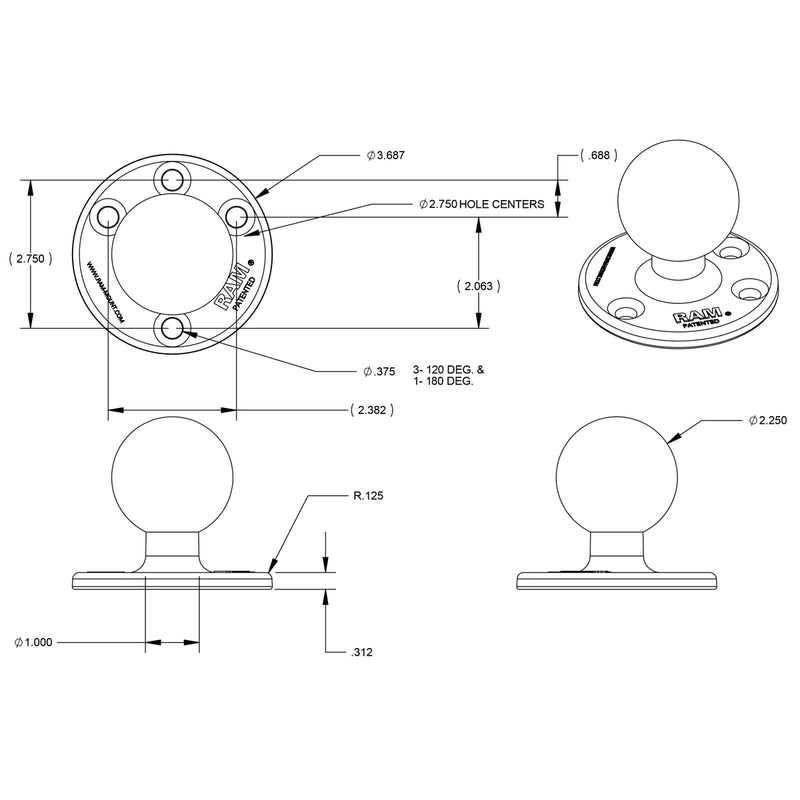 Load image into Gallery viewer, RAM-D-202U - RAM Mount 3.68" Diameter Base with 2.25" D Size Ball
