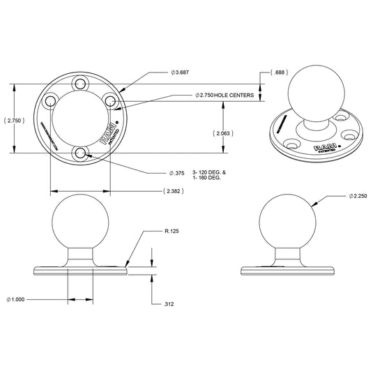 RAM-D-202U - RAM Mount 3.68" Diameter Base with 2.25" D Size Ball