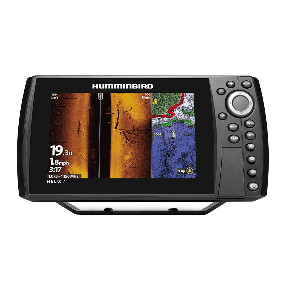 The HUMMINBIRD HELIX 7 CHIRP MEGA SI GPS G4N fish finder features MEGA Side Imaging, MEGA Down Imaging, Dual Spectrum CHIRP Sonar, AutoChart Live, Internal GPS, and Humminbird Basemap built-in.