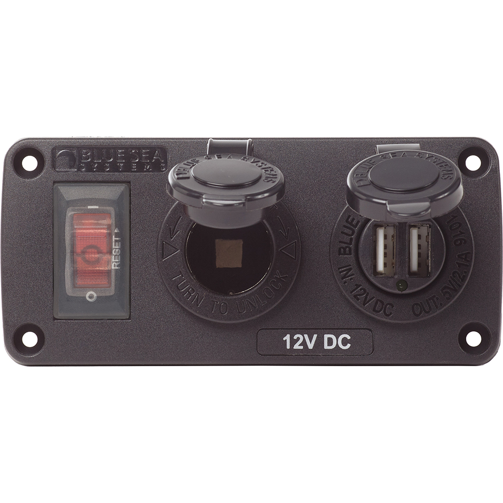 Blue Sea 4363 Water Resistant Accessory Panel - 15A Circuit Breaker, 12V Socket, 2.1A Dual USB Charger